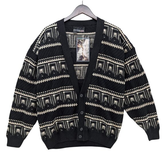 Colore Italia Cardigan Sweater Mens Cream Black Button VNeck  Made in Italy Sz L - Picture 1 of 10